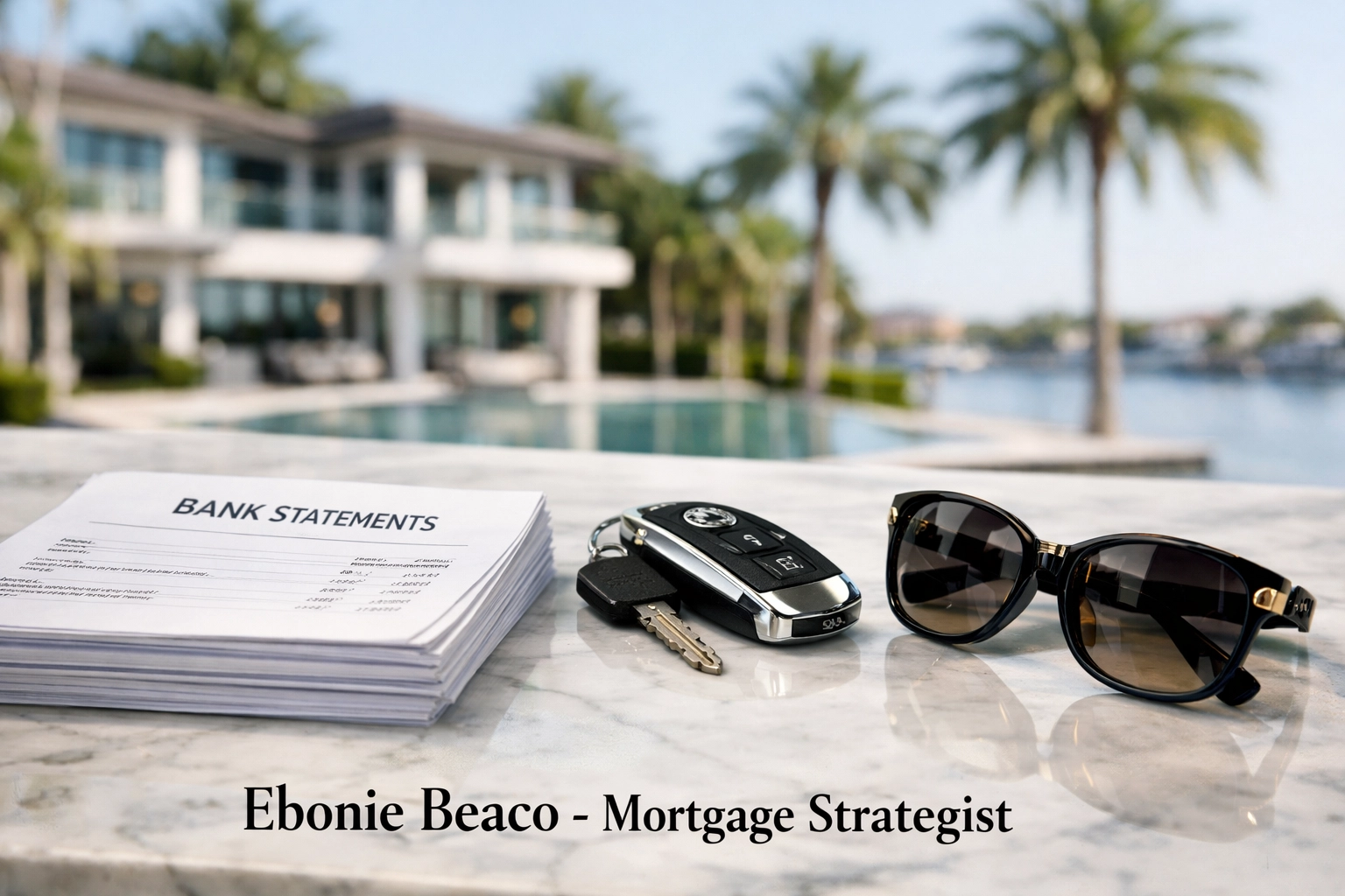 Bank statements on a counter for a self-employed jumbo loan application for a Boca Raton waterfront home.