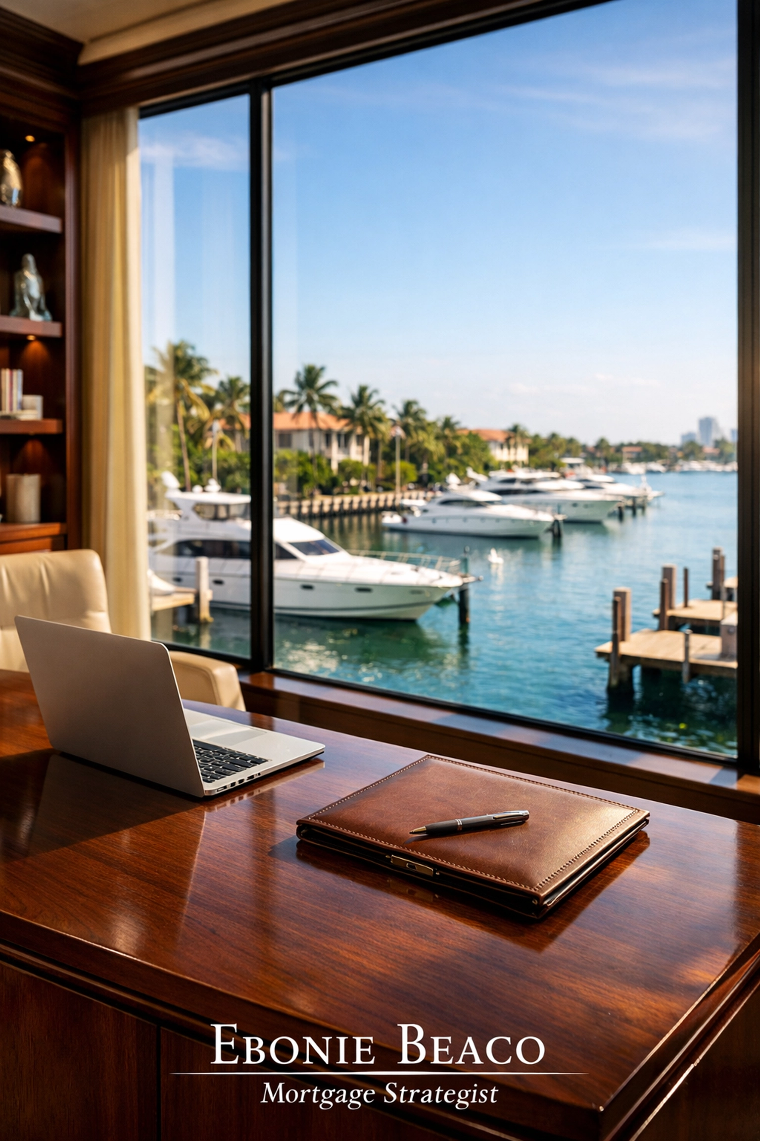 Luxury home office in Boca Raton overlooking a marina, perfect for high-value jumbo loan borrowers.