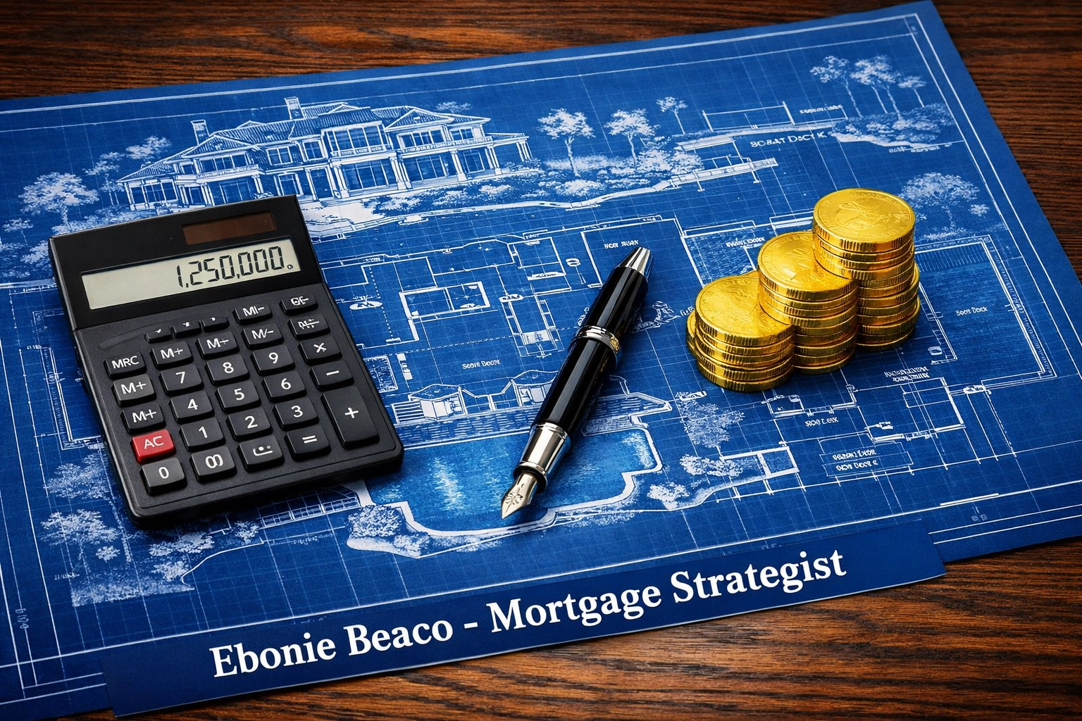 Financial blueprint and calculator used to plan jumbo loan scenarios for waterfront estates in Florida.