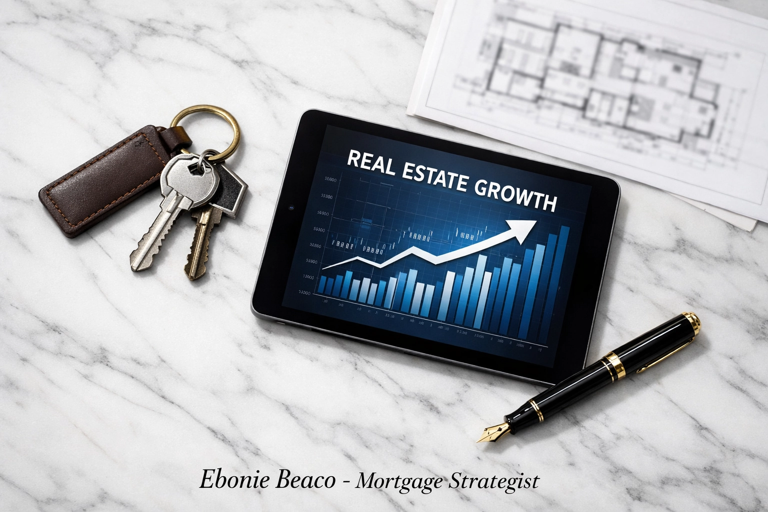 Real estate investment growth chart and keys representing Indiana luxury property portfolio expansion.