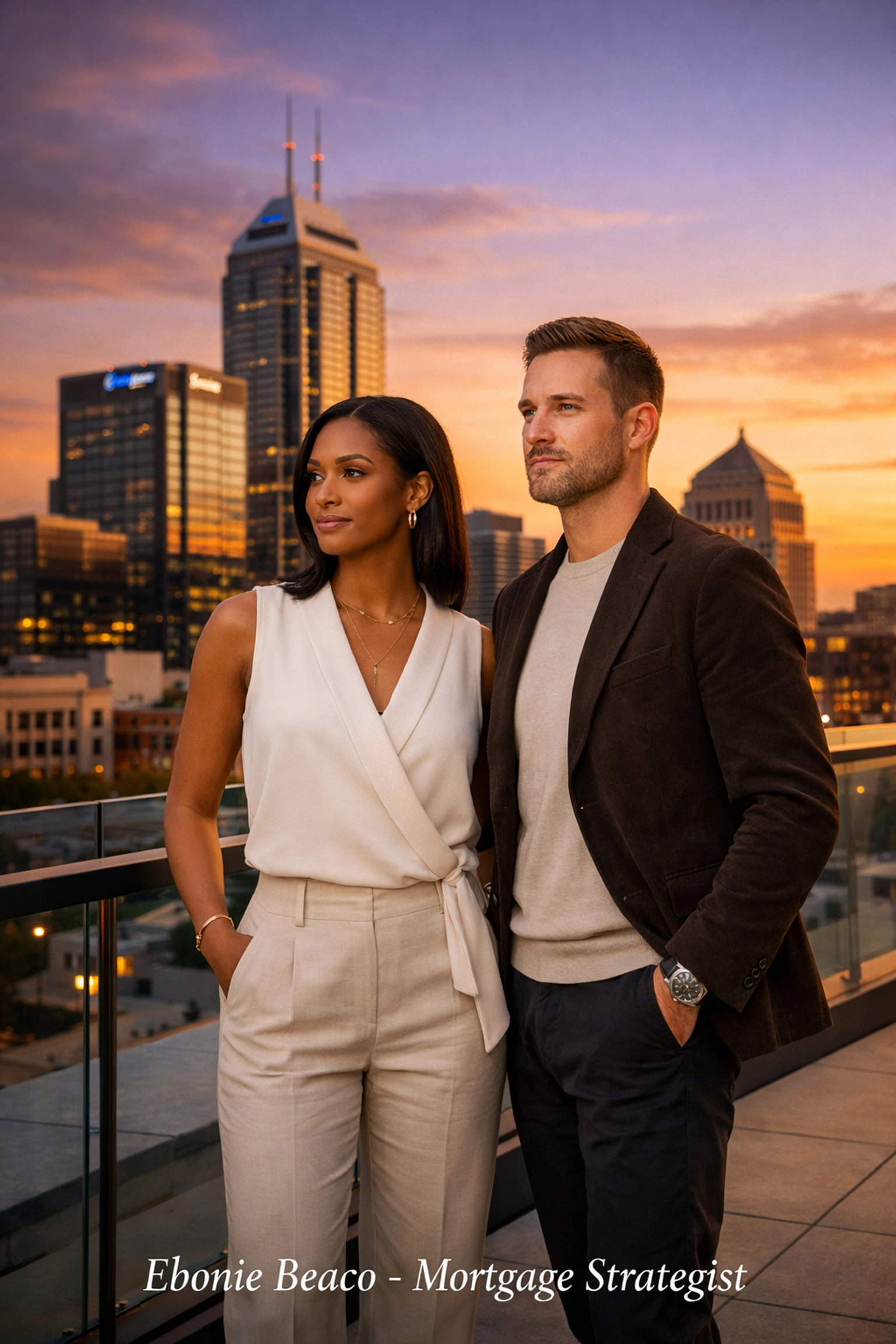 Young professionals enjoying a luxury rooftop terrace with views of the downtown Indianapolis skyline.