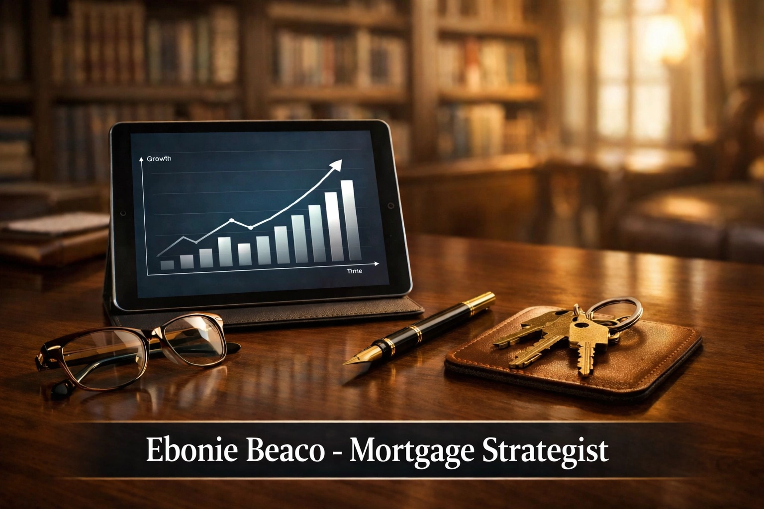 Executive desk with financial chart and house keys representing asset-based mortgage strategies for HNWIs.