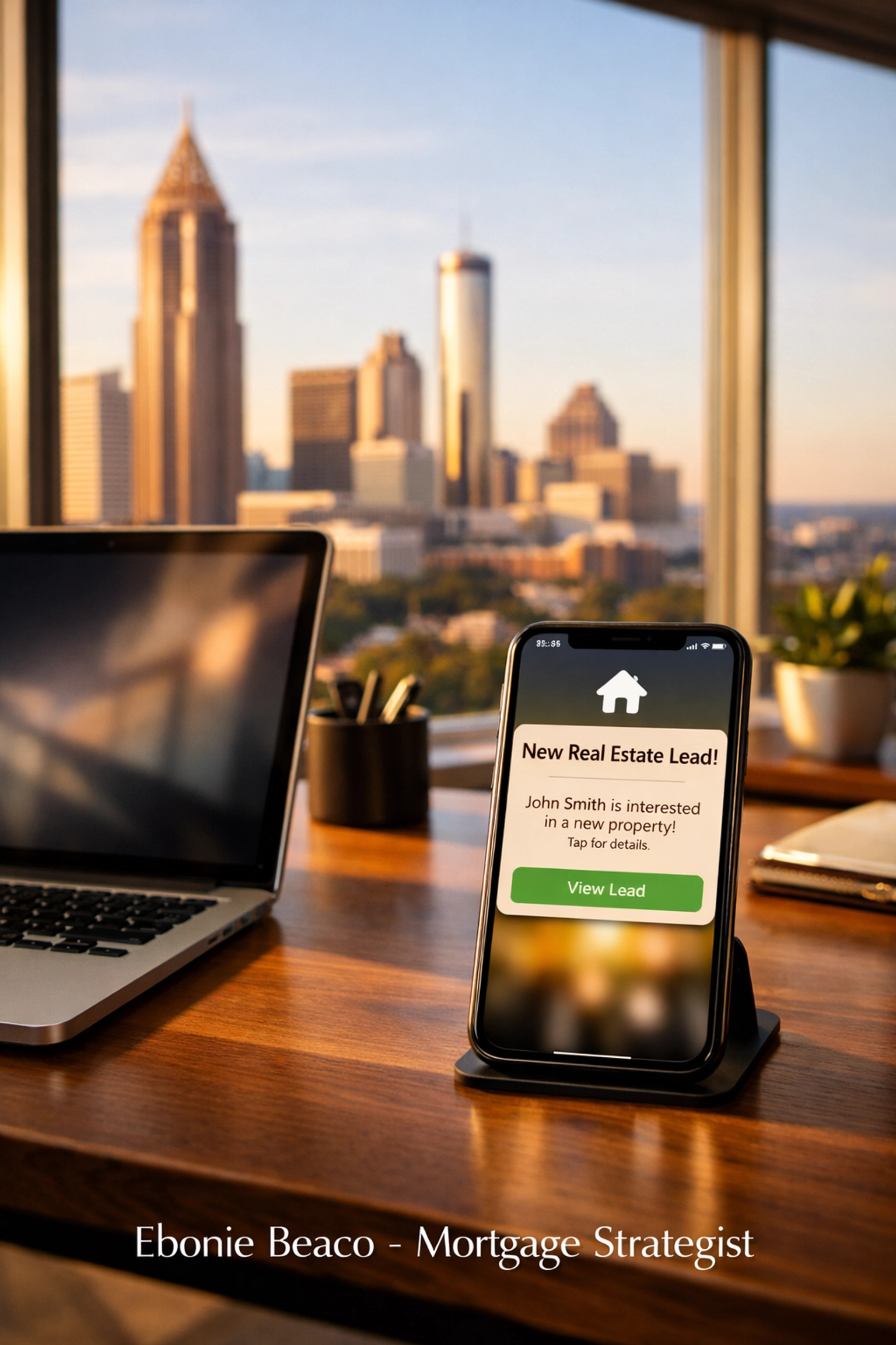 Modern Atlanta home office with a real estate lead notification on a smartphone screen.