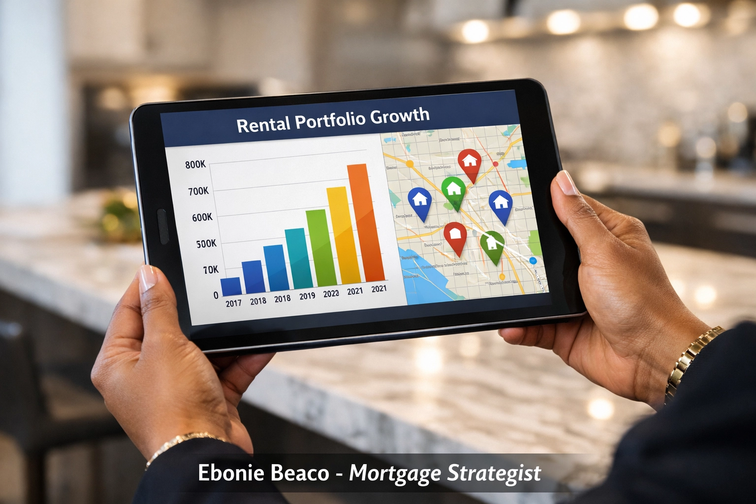 Investor tracking rental property portfolio growth and financing data on a tablet device.