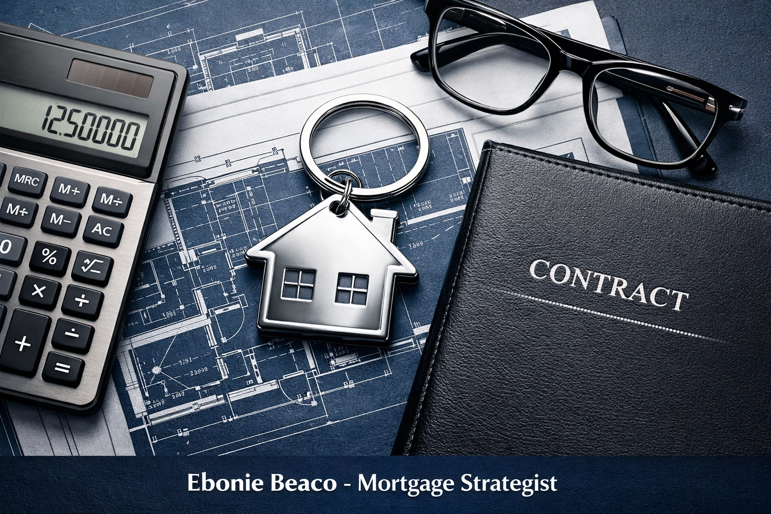 House-shaped key on top of property blueprints and a calculator for real estate deal analysis.