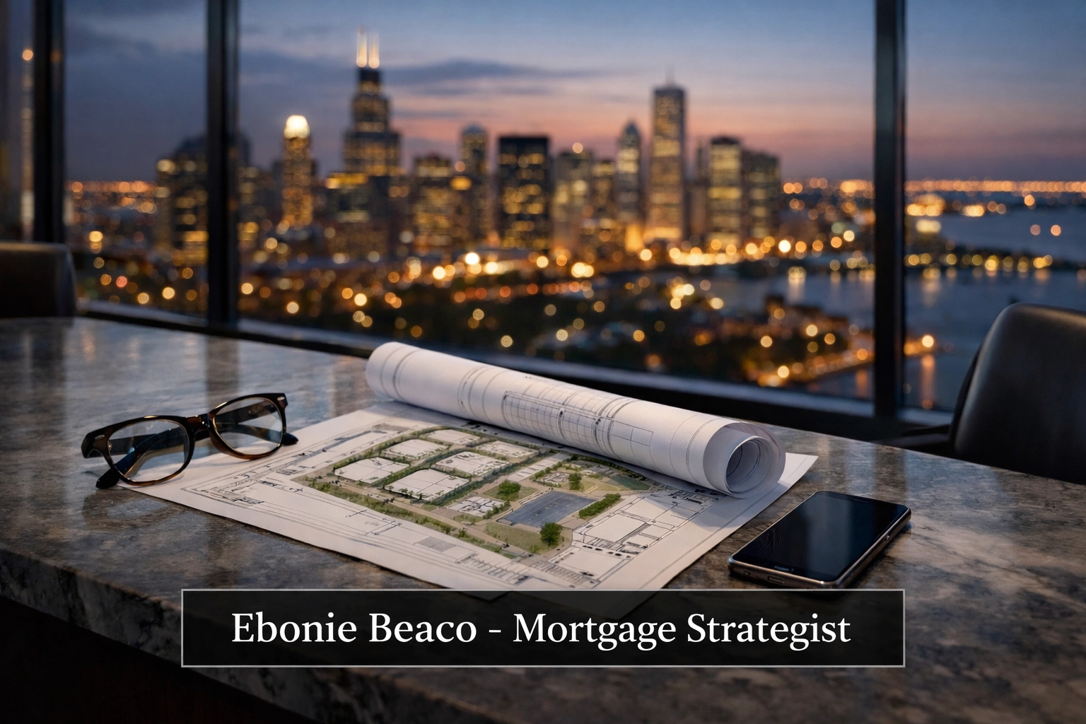 Mortgage strategist office with metropolitan city skyline view and industrial development blueprints.