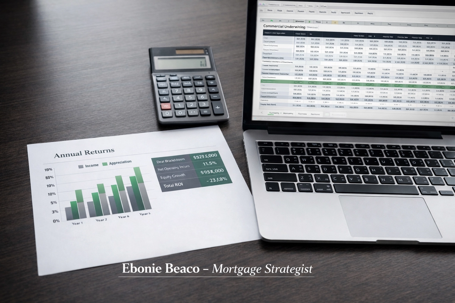 Financial chart showing commercial real estate deal analysis for cash-out refinance and investment growth.