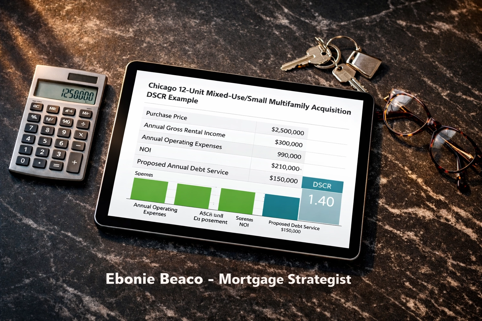Chicago DSCR commercial loan analysis showing clear income, expenses, NOI, debt service, and DSCR calculation.