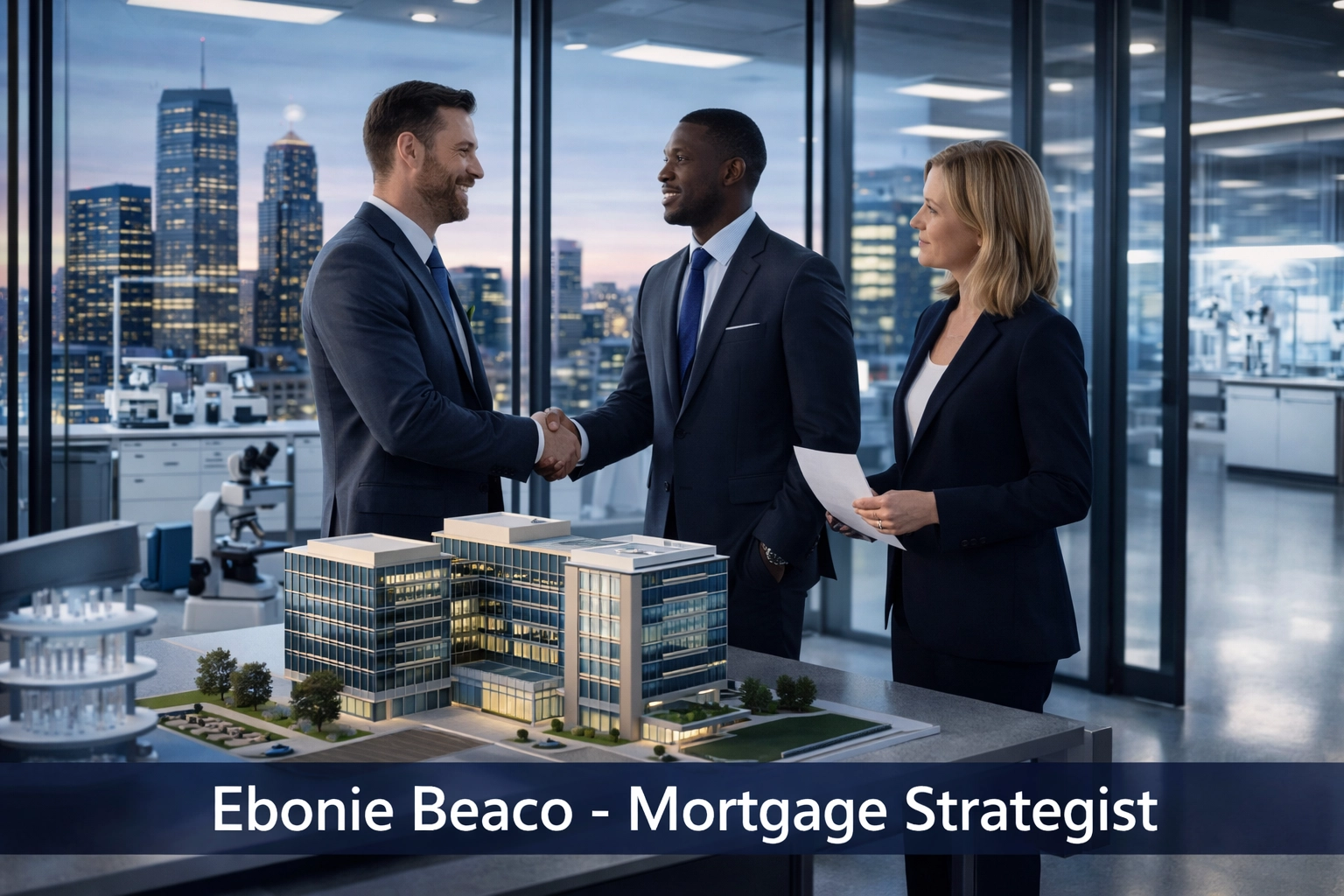 Business professionals closing a biotech CRE deal in a modern life sciences laboratory facility in Indianapolis, Indiana.