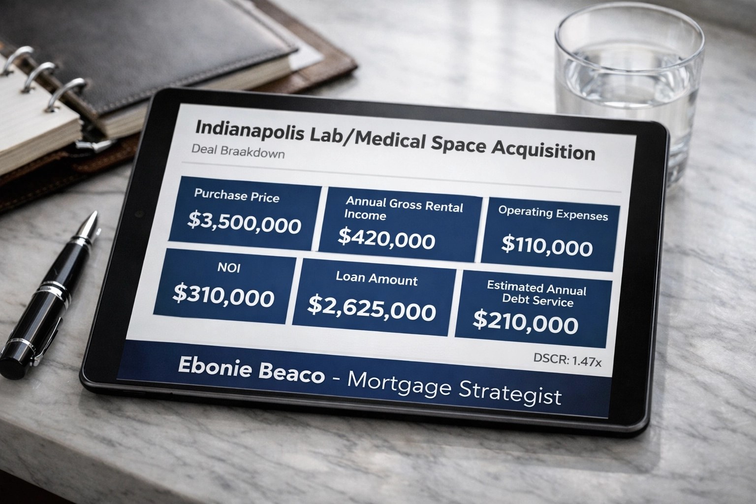 Commercial mortgage strategist workspace showing Net Operating Income and cash flow charts for an Indianapolis lab or medical space CRE deal.