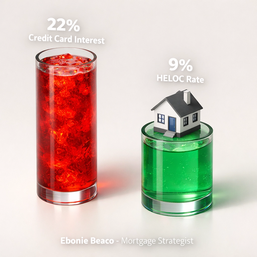 Comparison showing high credit card interest rates versus lower HELOC interest for debt consolidation savings.