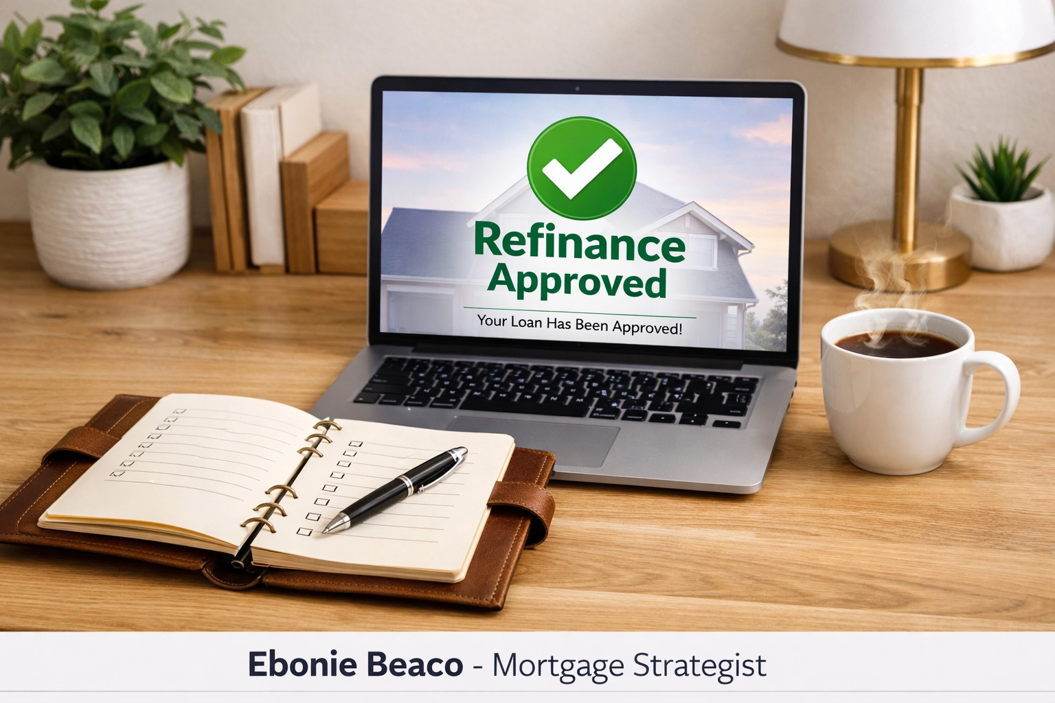 Home office setup showing a cash out refinance success checklist and loan approval status.