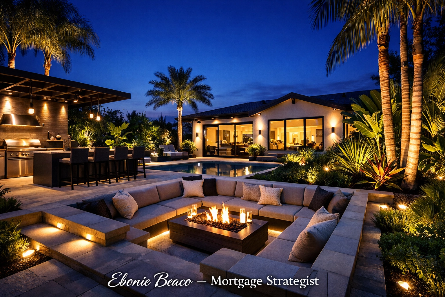 Luxury backyard oasis and outdoor kitchen showing home improvements funded by home equity.