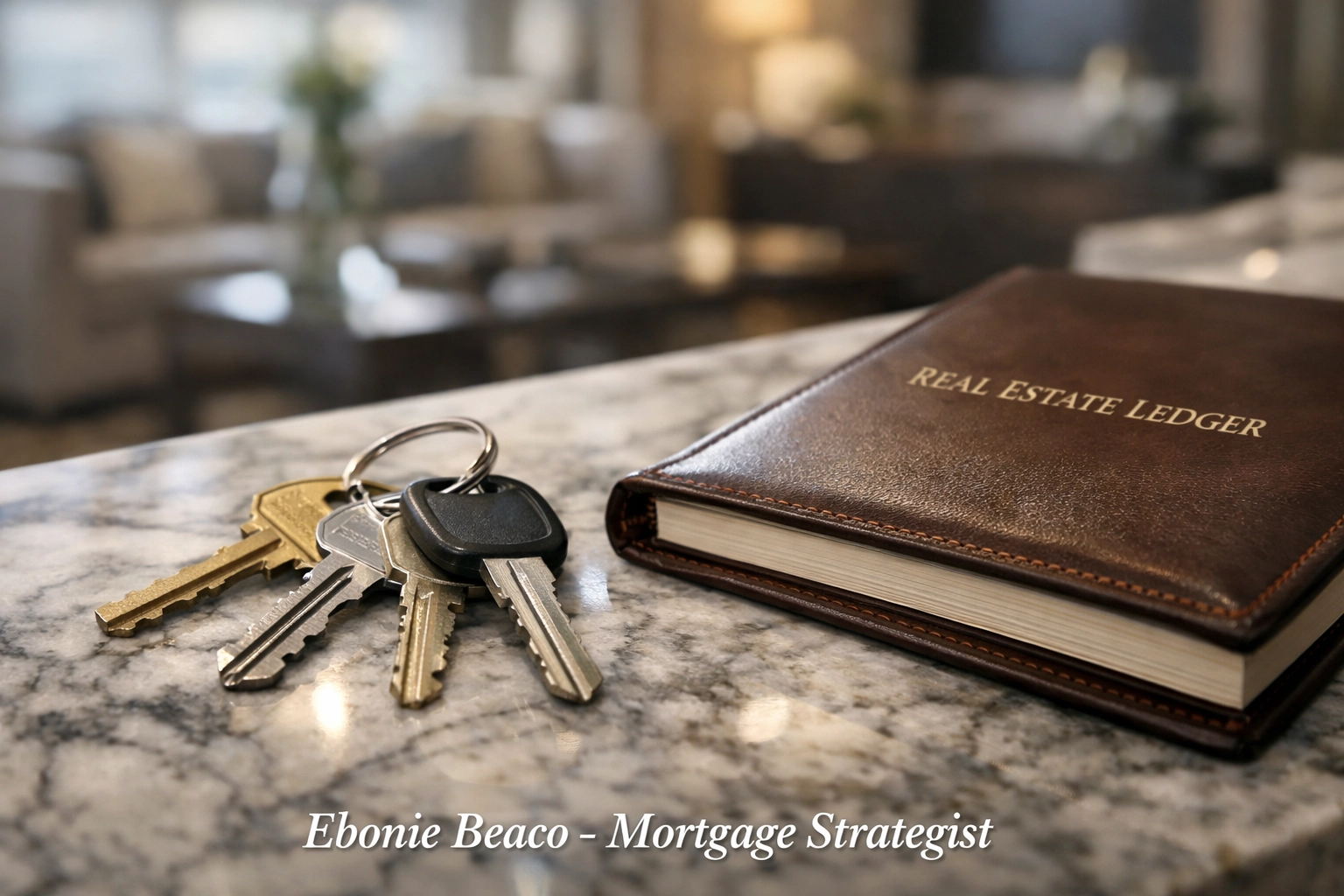 Multiple house keys and an investment ledger symbolizing a scaled rental property portfolio.