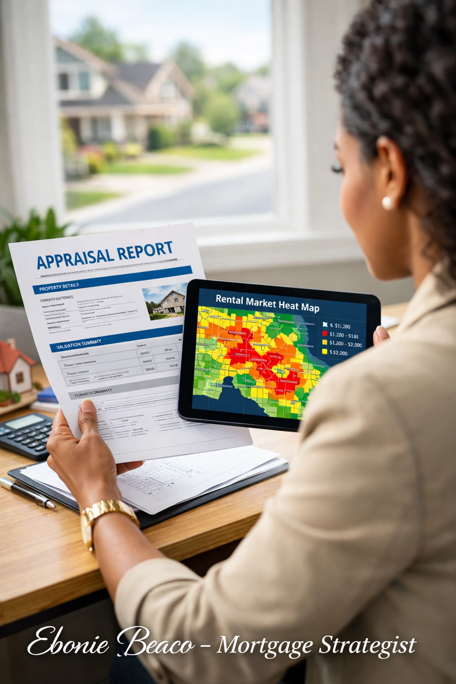 Real estate investor analyzing a rental market heat map and property appraisal for a BRRRR strategy.