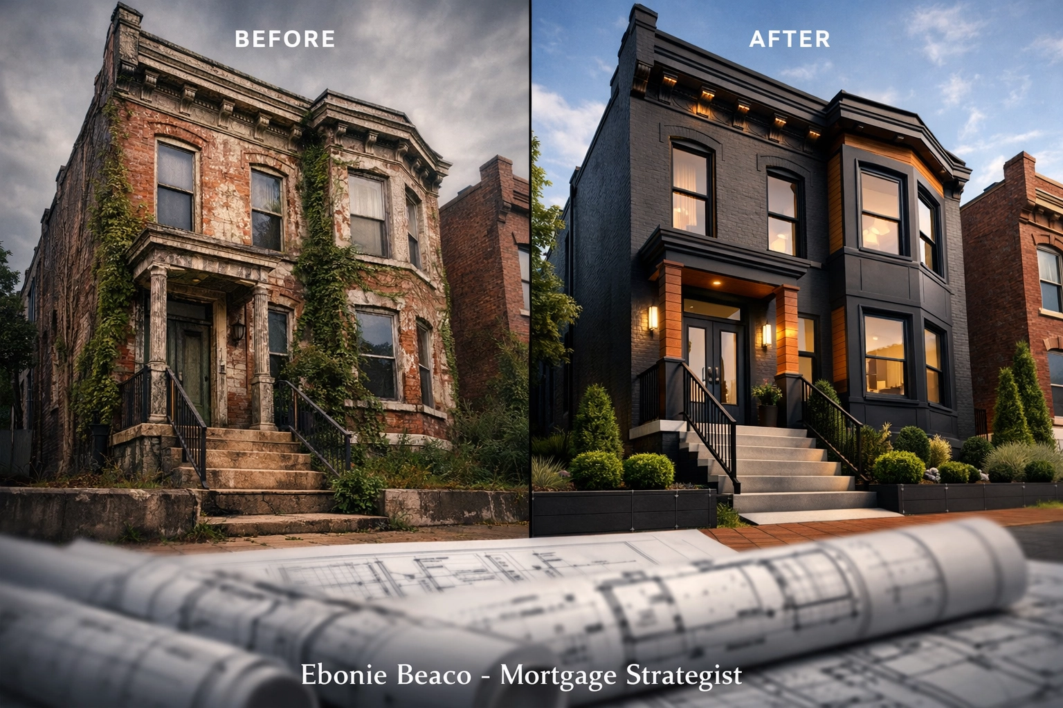 Before and after renovation of a historic St. Louis row house showing fix and flip potential.
