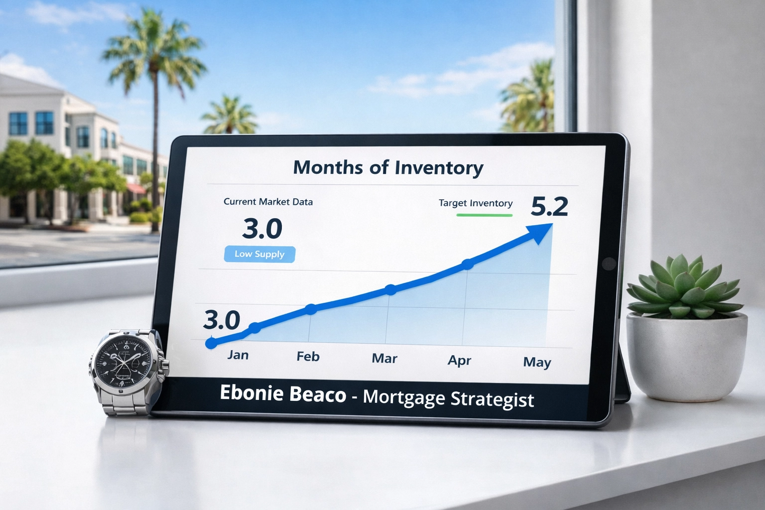 Florida housing market inventory chart on a tablet showing rising supply and market equilibrium.