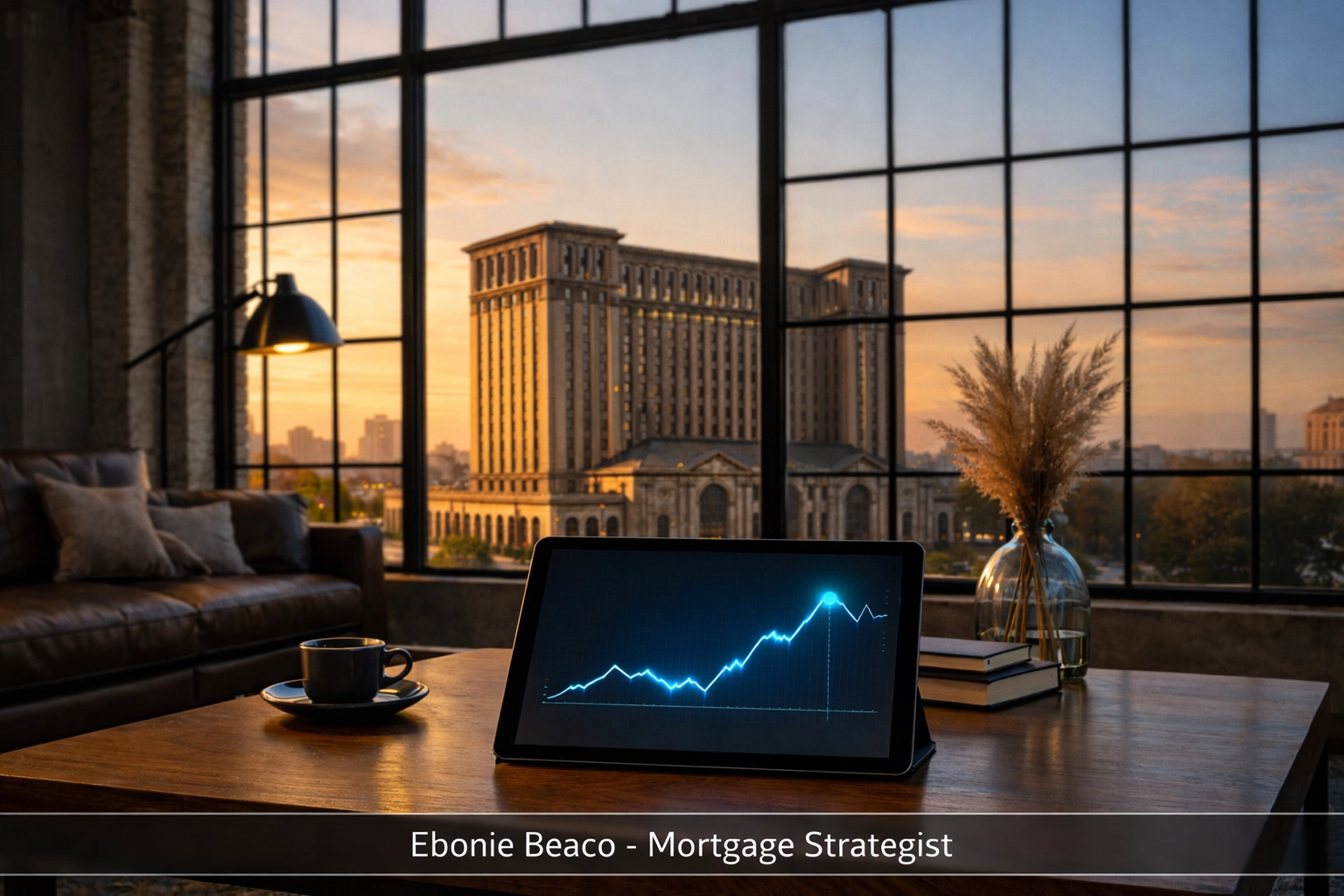 Financial graph on a tablet in a Detroit loft, symbolizing ARM mortgage rate strategies for Michigan investors.