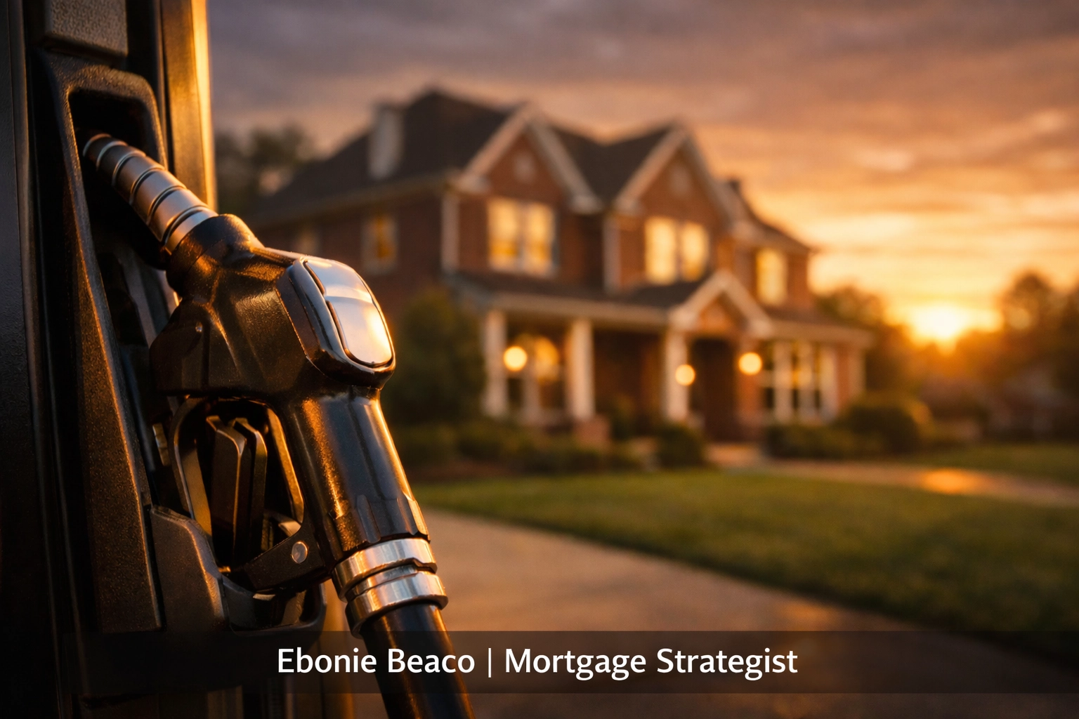 Gas pump nozzle and red-brick Atlanta house illustrating energy costs affecting Georgia investment property loans.