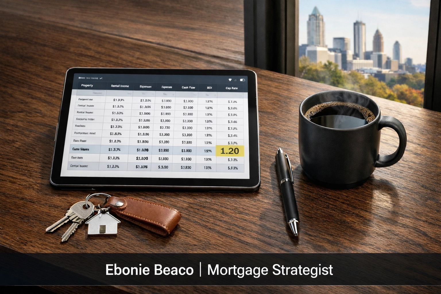 Tablet displaying a 1.20 DSCR calculation for an Atlanta rental property investment scenario.