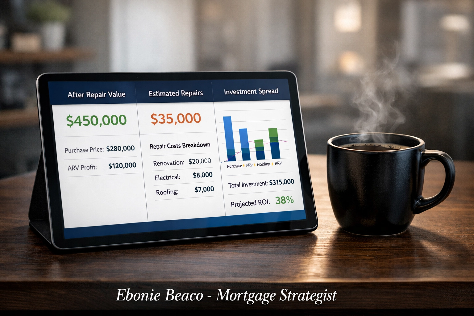 Tablet displaying real estate financial analysis and the MAO formula for calculating wholesale profit.