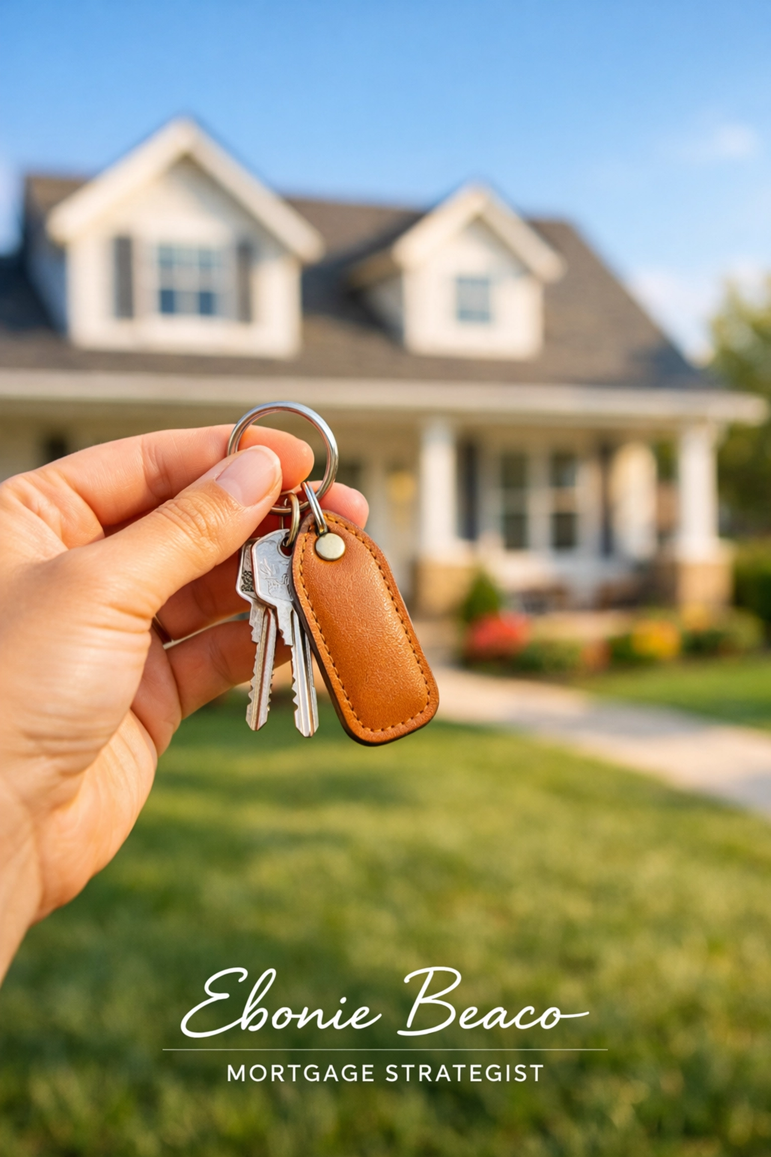 Hand holding house keys in front of a renovated suburban home on a successful real estate closing day.