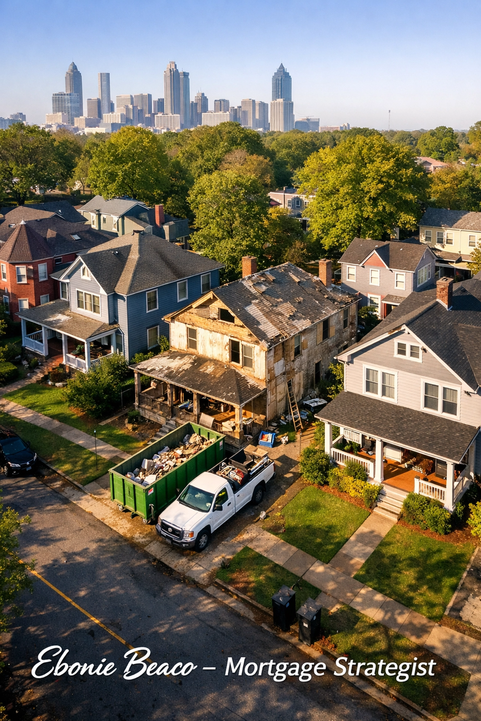 Aerial view of a distressed house being renovated in a real estate investor's target buy zone.