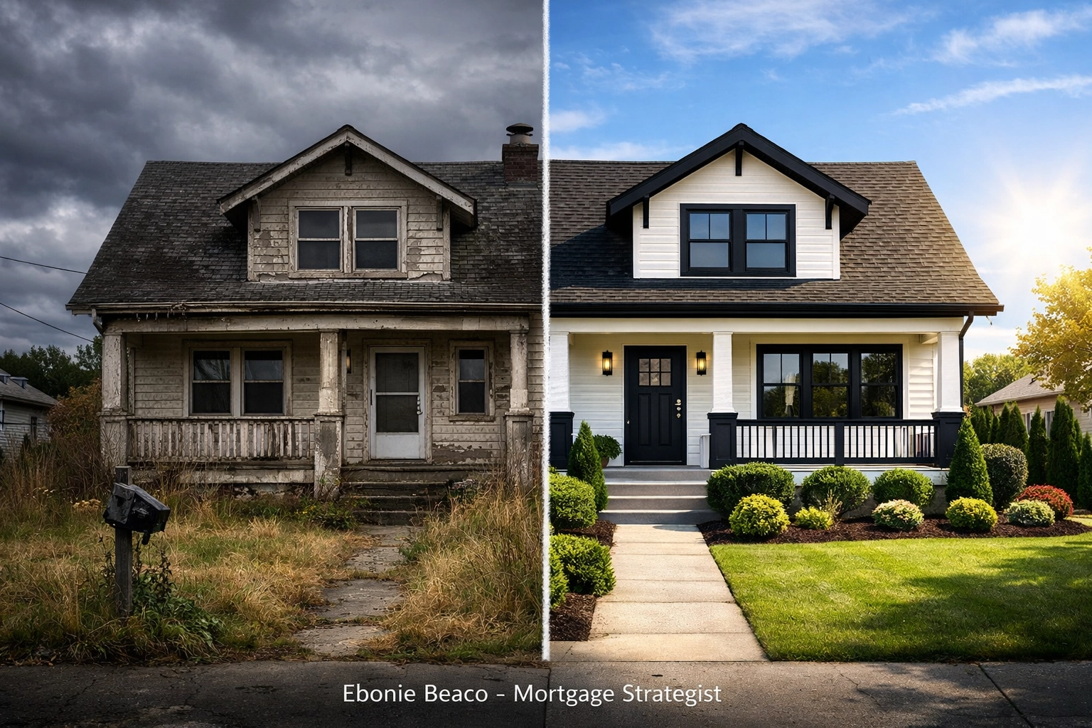 Before and after comparison of a fix-and-flip property showing value-add real estate investing.