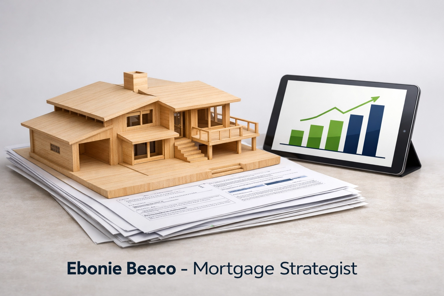 Architectural house model and financial chart showing the investment profit breakdown for a wholesale assignment deal.