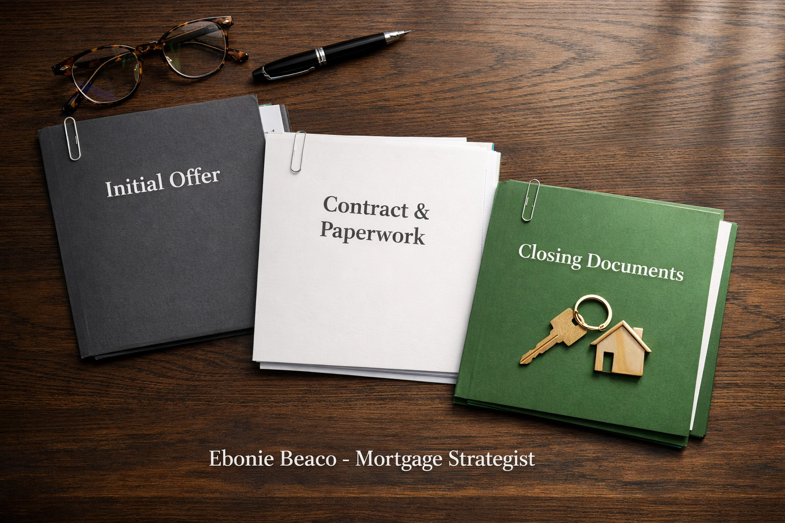 Organized professional workspace with real estate closing documents illustrating a wholesale contract assignment flow.