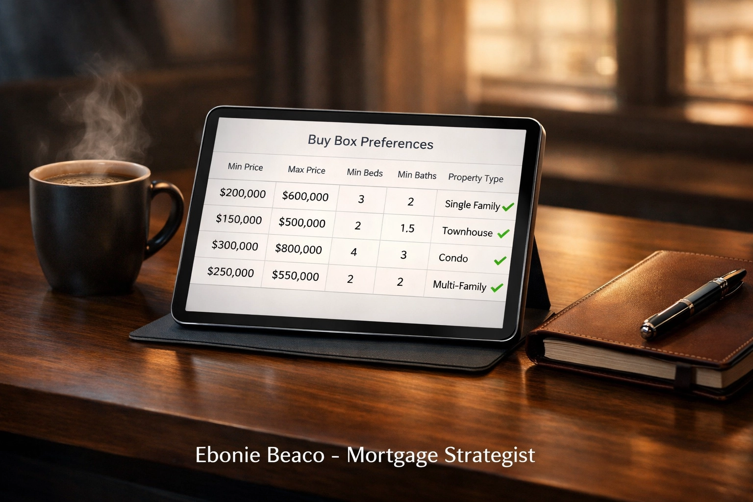 A professional desk setup showing a tablet with organized real estate investor buy box preferences.