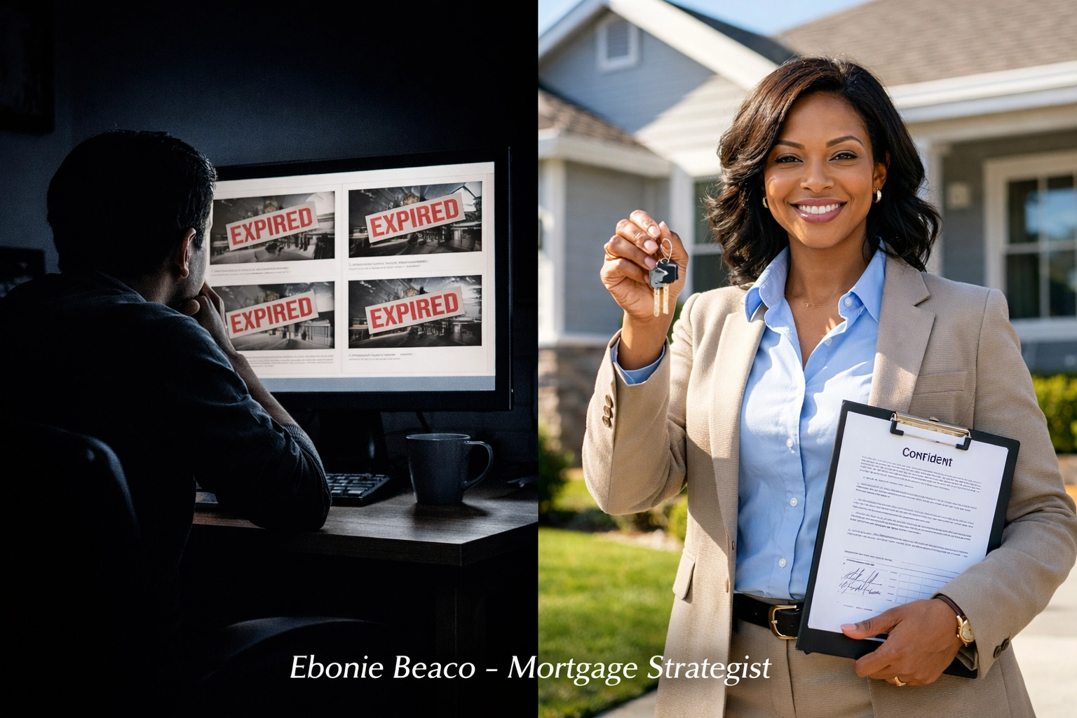 Comparison of a hesitant spectator and a confident cash buyer investor closing a real estate deal.