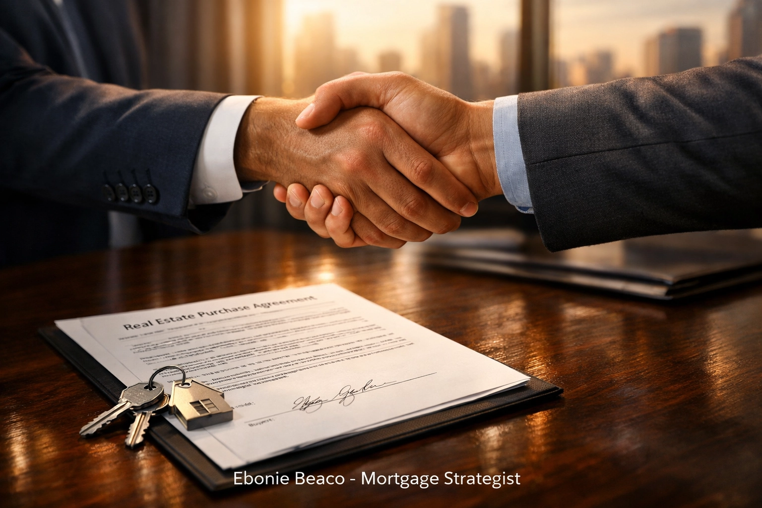 Professional handshake over a signed real estate contract and house keys representing a successful wholesale deal.