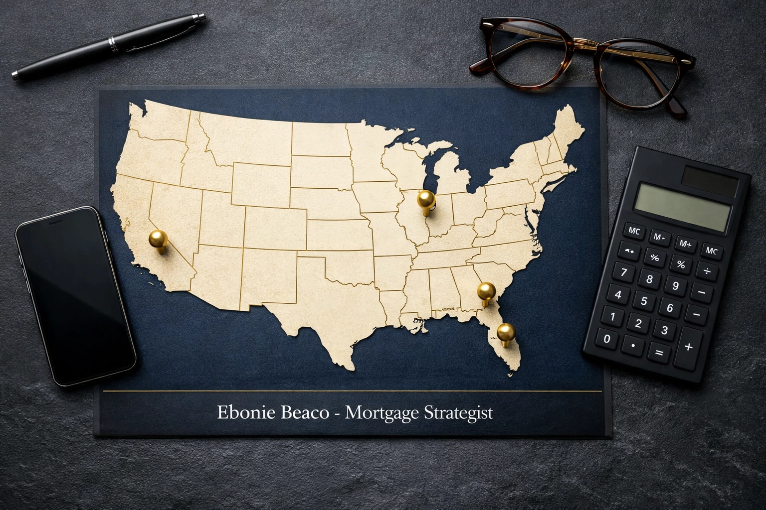 Workspace map with pins on key real estate investment markets like Florida, California, Georgia, and Illinois.
