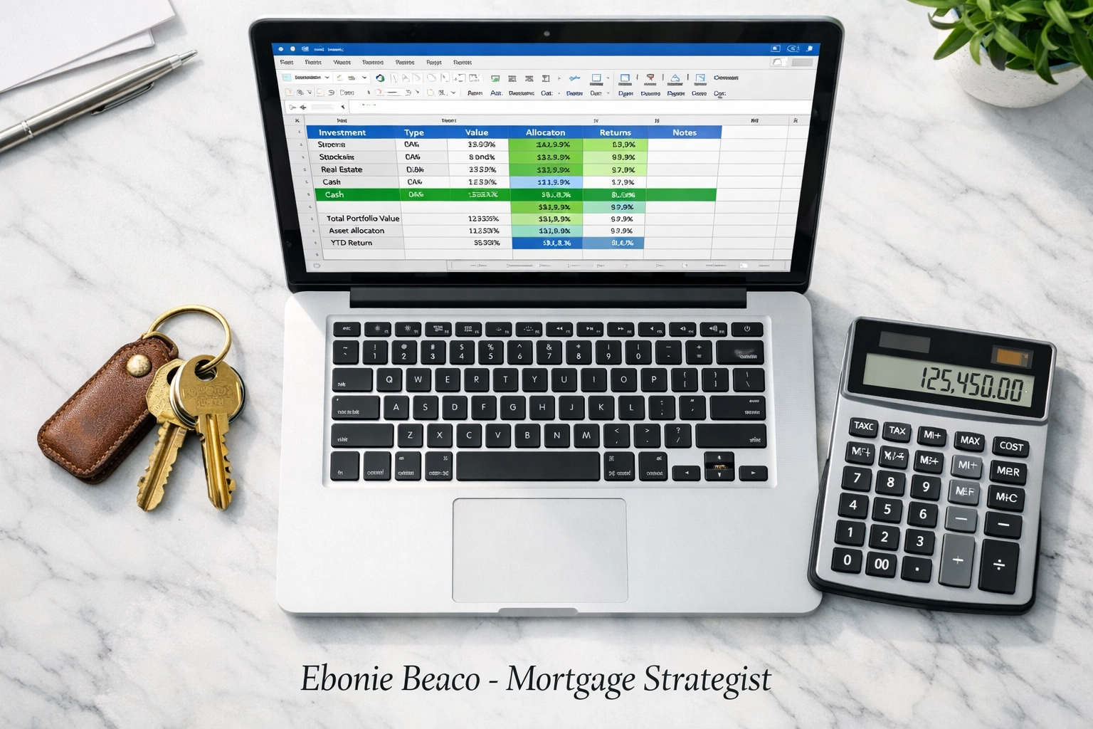 Investment spreadsheet and house keys used for analyzing rental property cash flow and DSCR loan scenarios.