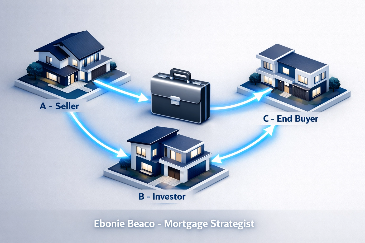 Visual map of earnest money deposit flow between wholesalers, sellers, and end buyers during a transaction.