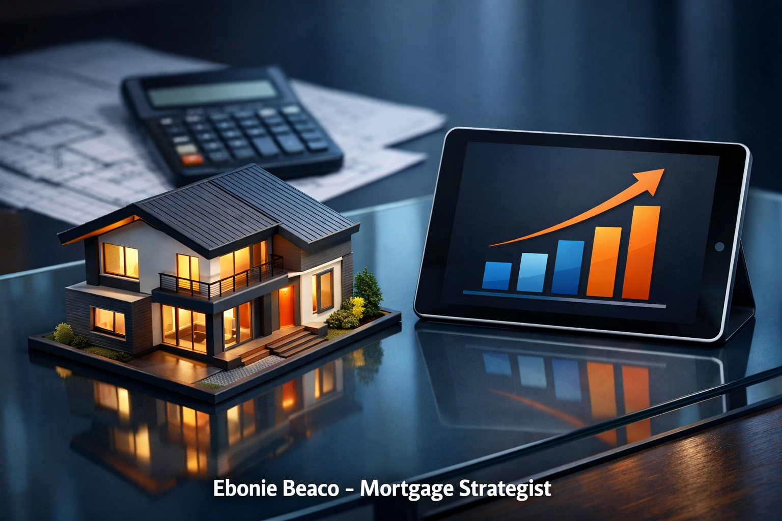 Property model and financial bar chart illustrating real estate investment analysis and deal profit margins.