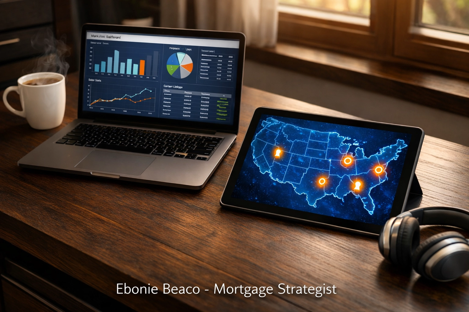 Modern home office desk with a digital map highlighting virtual wholesaling markets in Florida and Illinois.