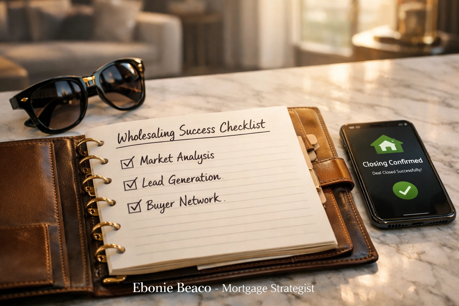 A wholesaling success checklist on a planner next to a phone confirming a real estate deal closing.