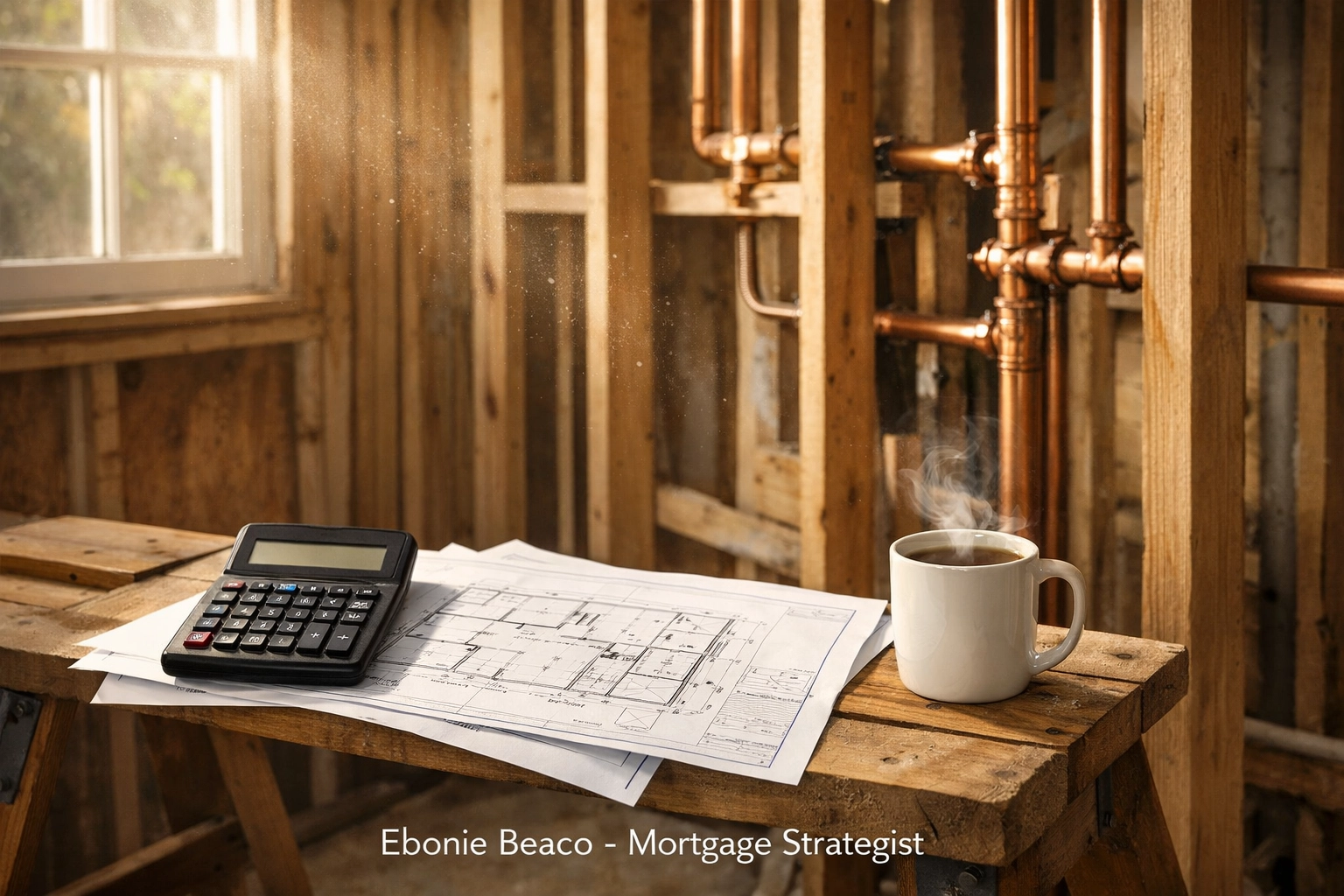 Planning a home renovation budget with blueprints and a calculator at a construction site.