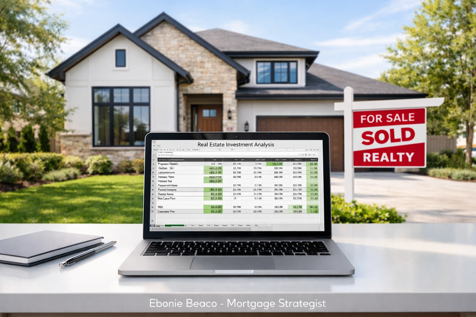 Real estate investment spreadsheet on a laptop next to a renovated home with a sold sign.