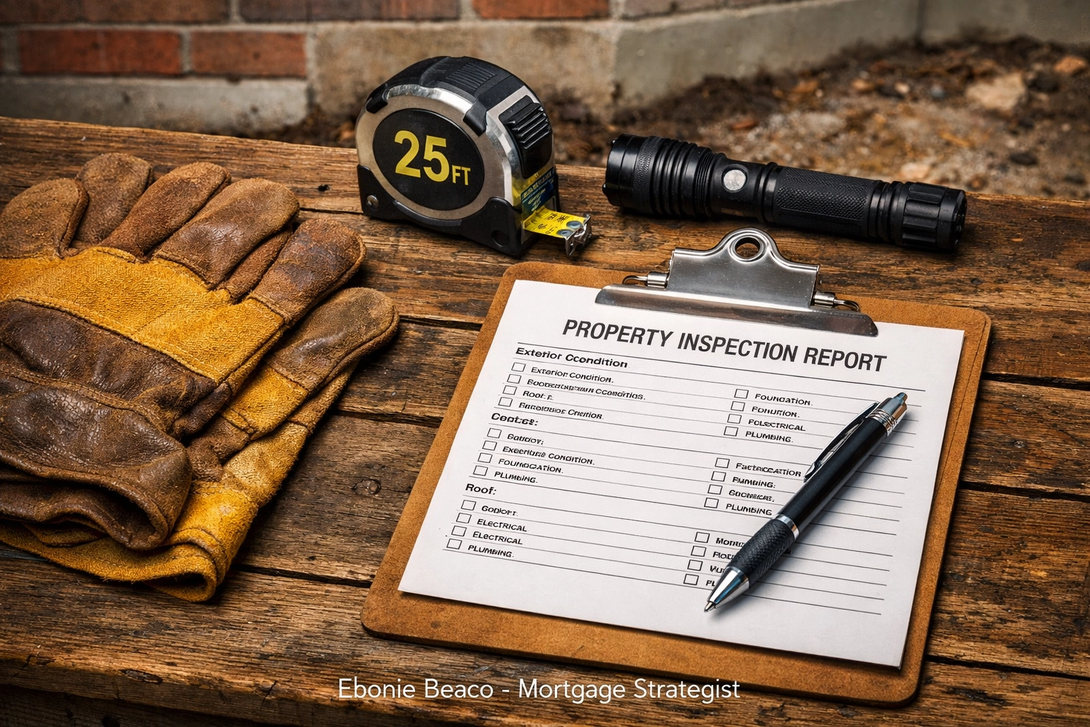 Property inspection tools and checklist on a workbench for estimating home repair costs.