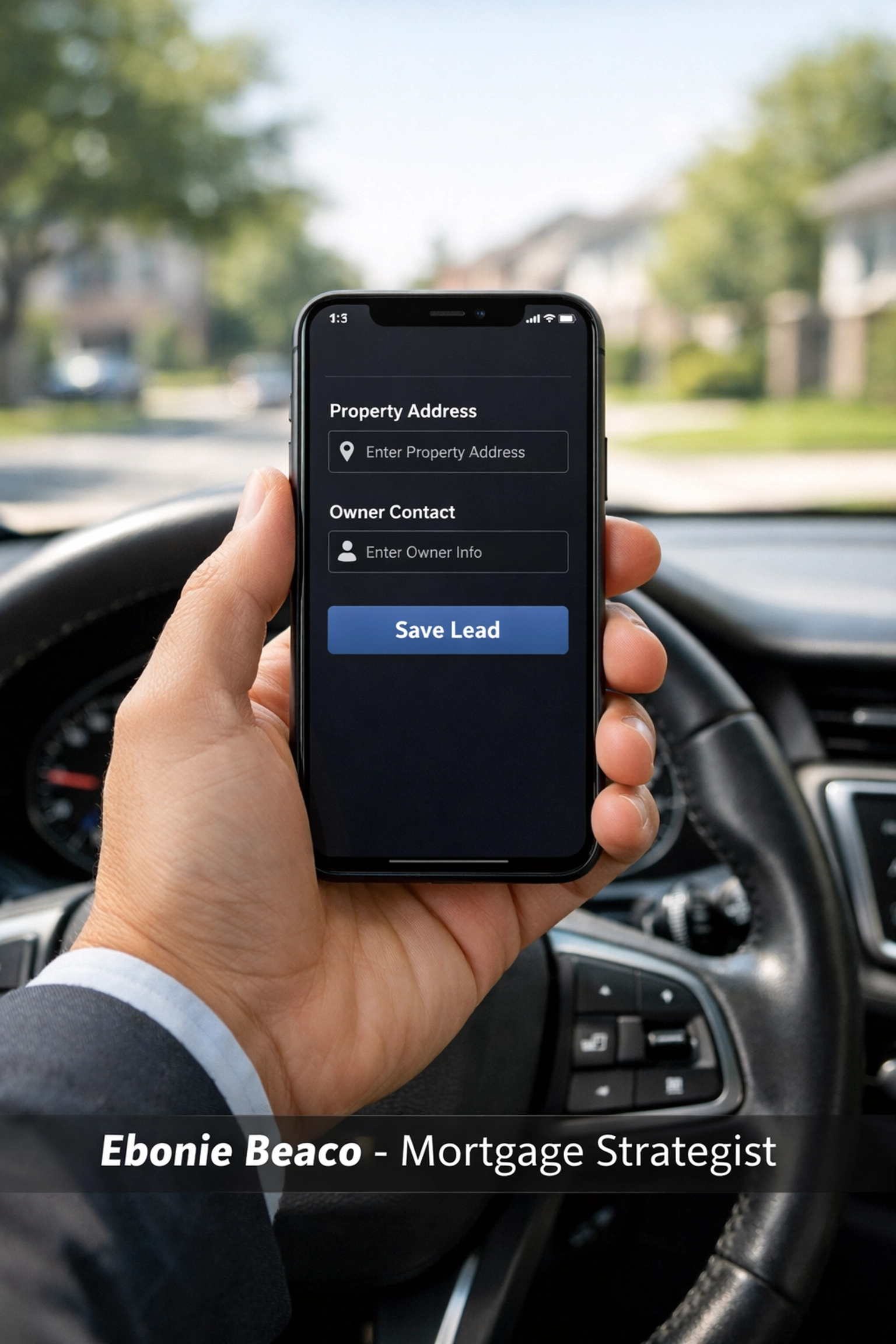 A real estate investor using a mobile app to track distressed properties while driving for dollars.