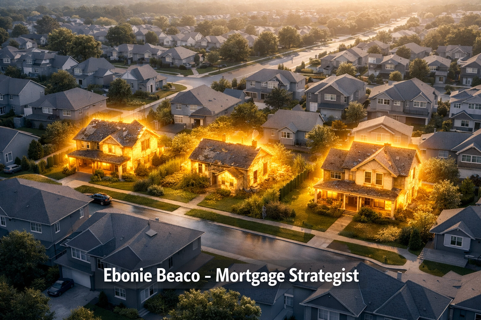 Aerial view of a neighborhood map highlighting distressed houses in gold for real estate wholesaling leads.