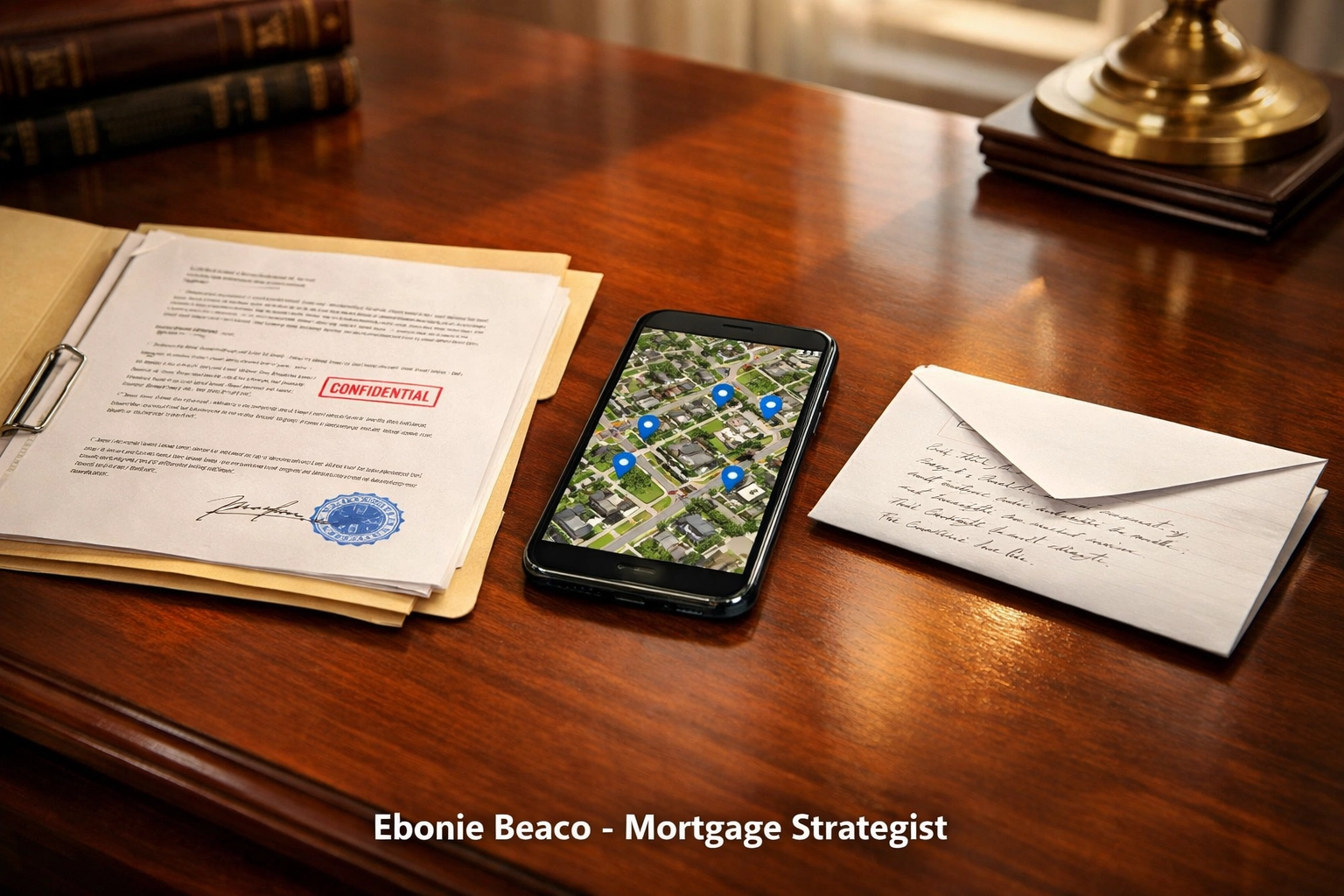 Office desk with a neighborhood map and handwritten letters for sourcing pre-foreclosure real estate investment deals.