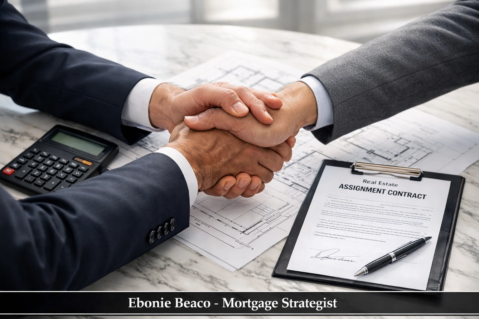 Partnership handshake between a real estate wholesaler, investor, and mortgage strategist at a closing.