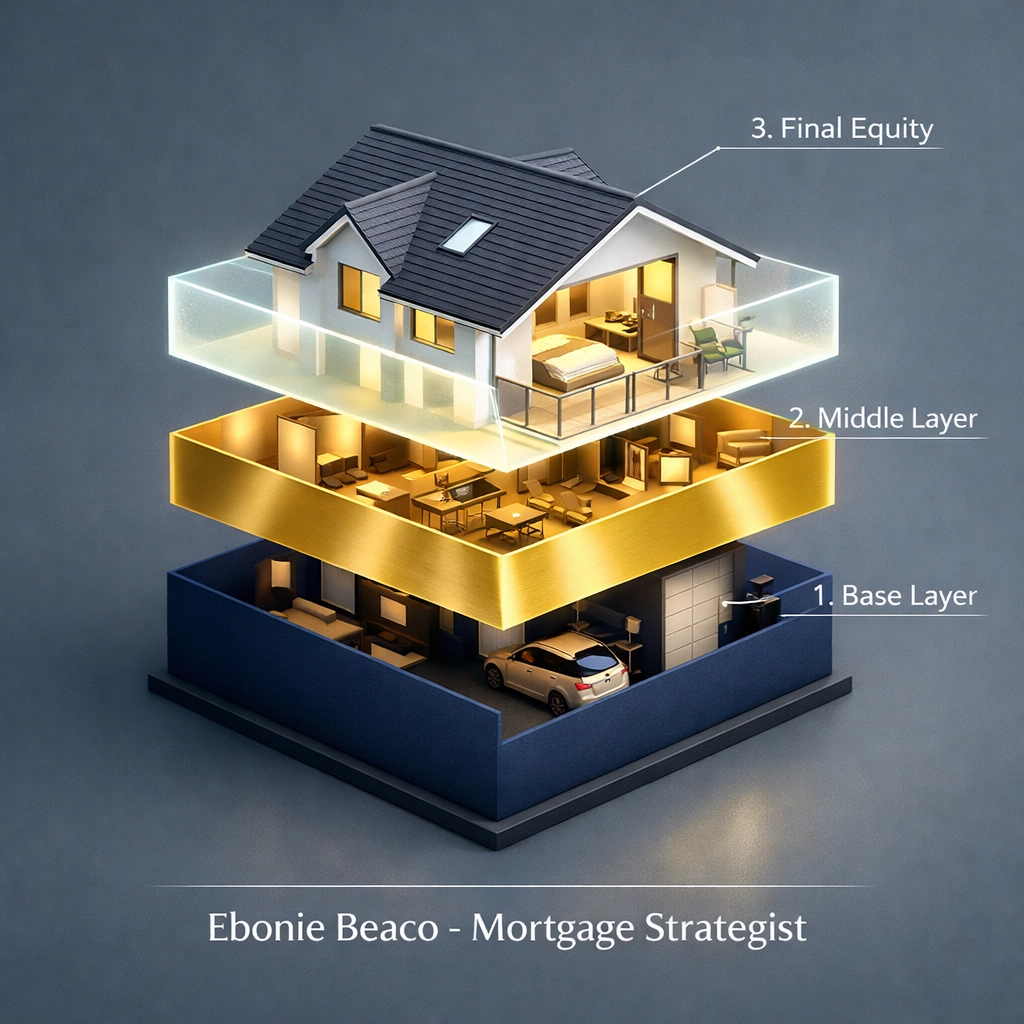 Isometric home visualization showing a financial breakdown of property equity and renovation costs.
