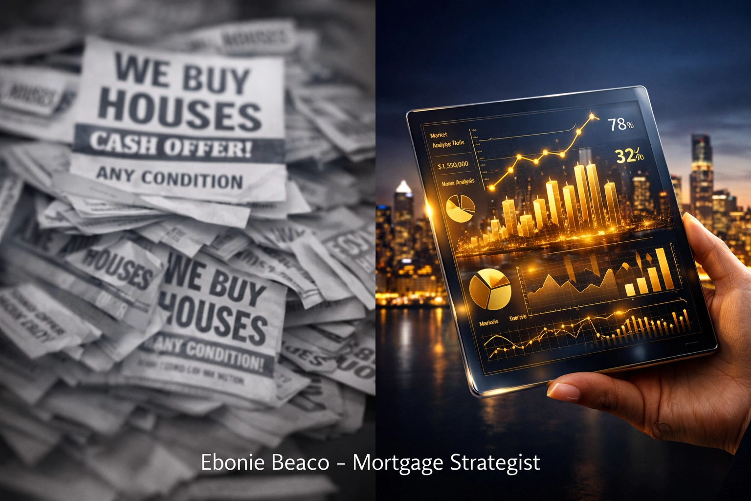 Digital tablet displaying real estate market analytics and data for a professional mortgage strategist.