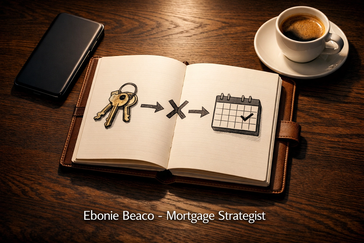 Professional workspace showing a strategic real estate planning journal with house keys and a smartphone.