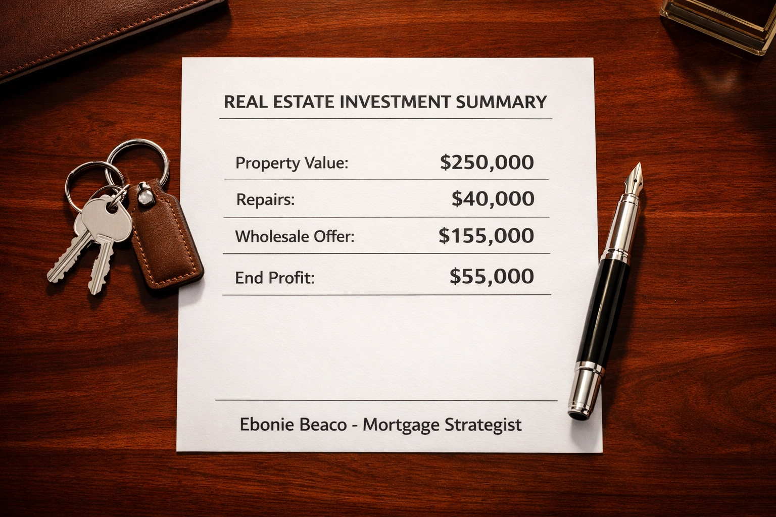 Financial breakdown of a probate real estate wholesale deal showing property value and estimated repairs.